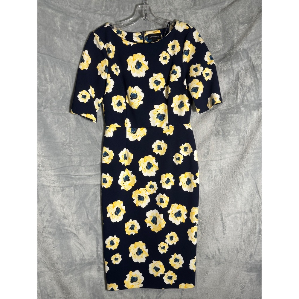 Liz Claiborne Navy Floral Sheath Dress Short Sleeve Yellow Poppies Size 4